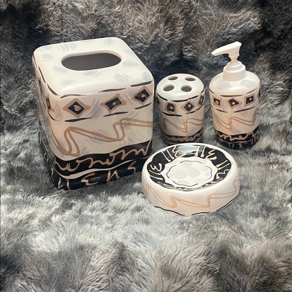 Painted Ceramic Bath Accessory Set in White, Black & Beige